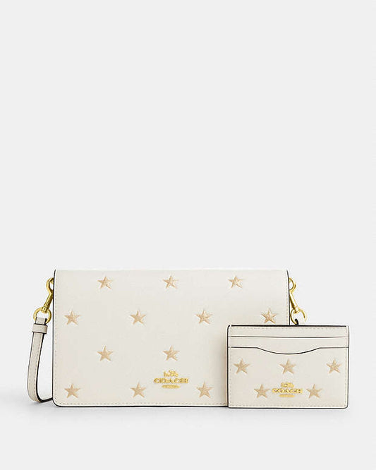 Boxed Anna Foldover Clutch Crossbody Bag And Card Case Set With Star Print