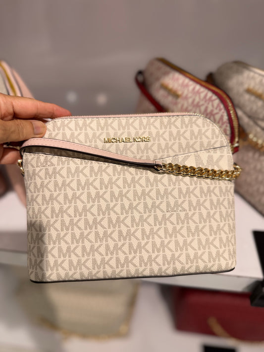 MICHAEL KORS Medium Dome Crossbody Bag Vanilla Signature Powder Blush Strap