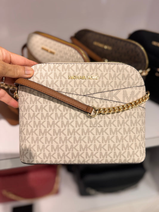 MICHAEL KORS Medium Dome Crossbody Bag Vanilla Signature Brown Strap