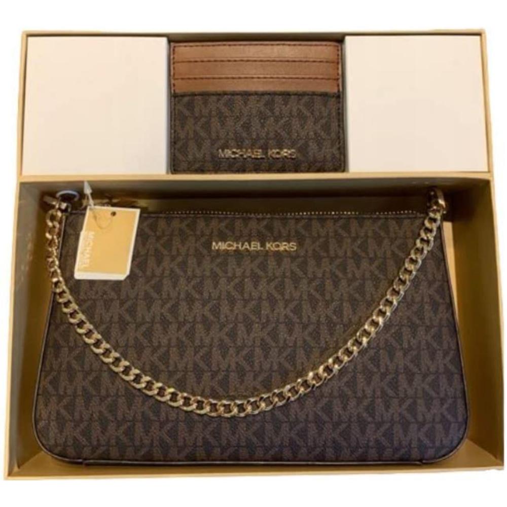 Michael Kors Logo Pouch & Cardcase Giftset Brown Sigmature