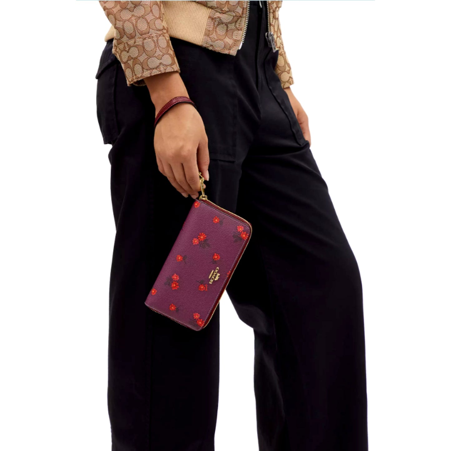 COACH LONG ZIP AROUND WALLET WITH COUNTRY FLORAL PRINT DEEP BERRRY MULTI (CM999)
