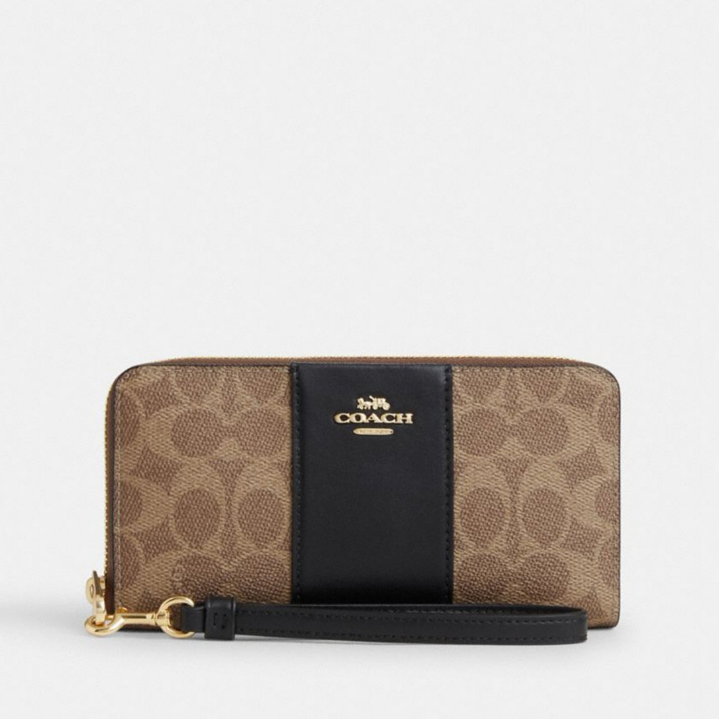 COACH LONG ZIP AROUND WALLET IN SIGNATURE CANVAS TAN/BLACK (CW947)