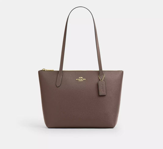 Coach Fiona Zip Tote Bag In Crossgrain leather Dark Stone