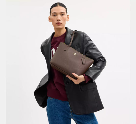 Coach Fiona Zip Tote Bag In Crossgrain leather Dark Stone