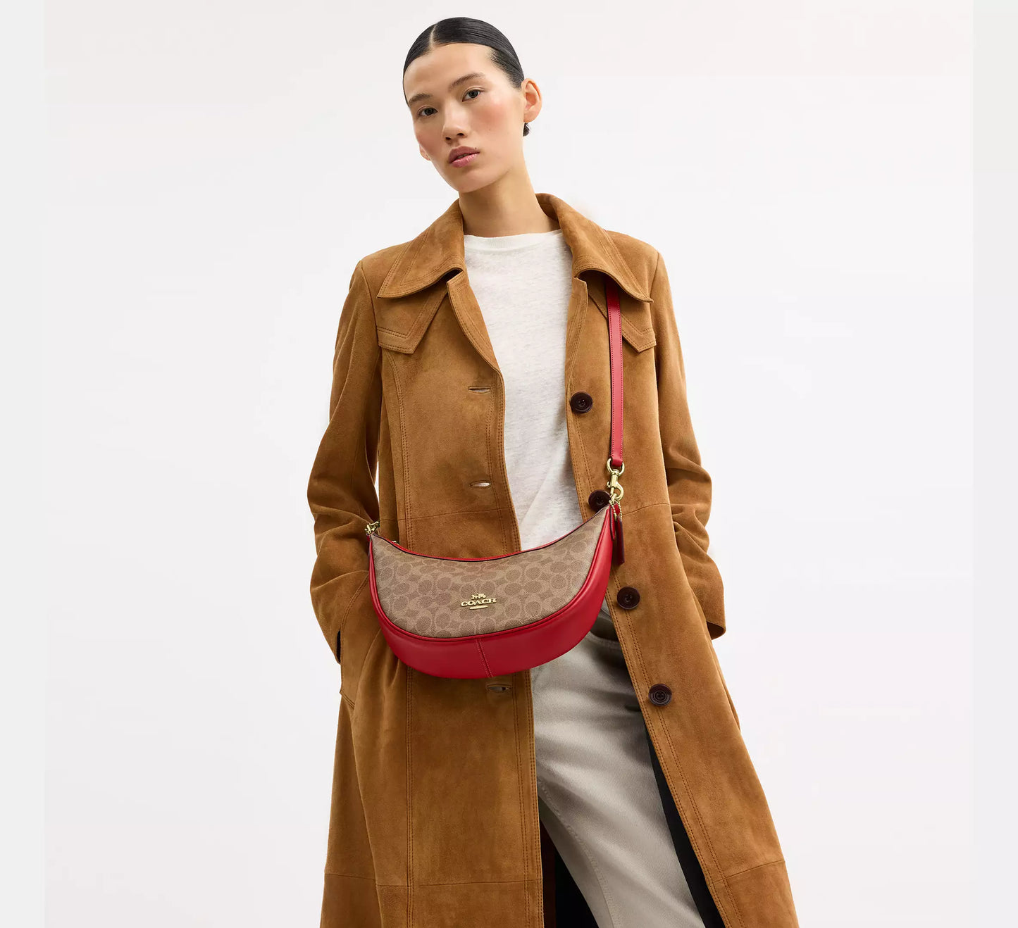 Coach Aria Shoulder Bag In Signature Canvas Tan/Carnation