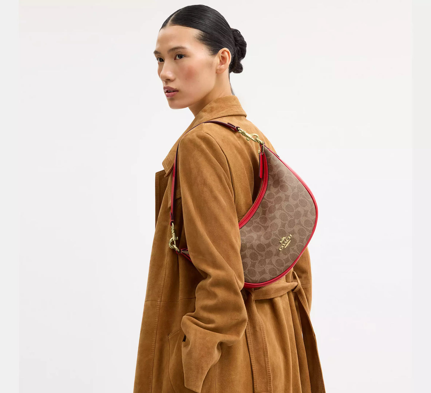 Coach Aria Shoulder Bag In Signature Canvas Tan/Carnation