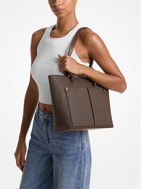 Michael Kors JETSET TRAVEL MEDIUM DOUBLE POCKET TOTE (35F3GTVT3B) BROWN SIGNATURE
