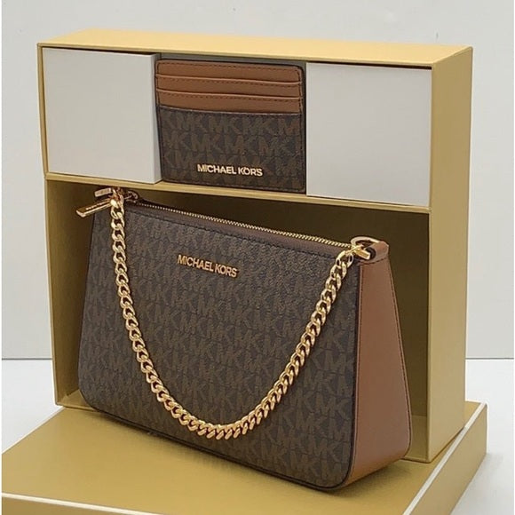 Michael Kors MEDIUM LOGO POUCH & CARDCASE GIFTSET BOX (35H1GGZD6B) BROWN SIGNATURE