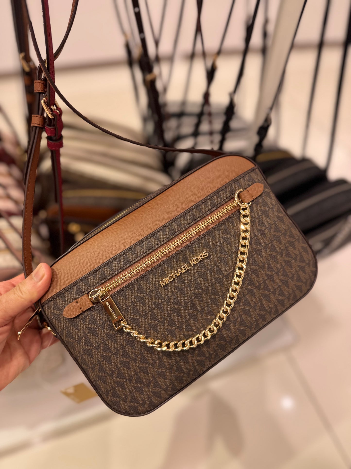 Michael Kors Jet Set Chain Crossbody Brown Signature