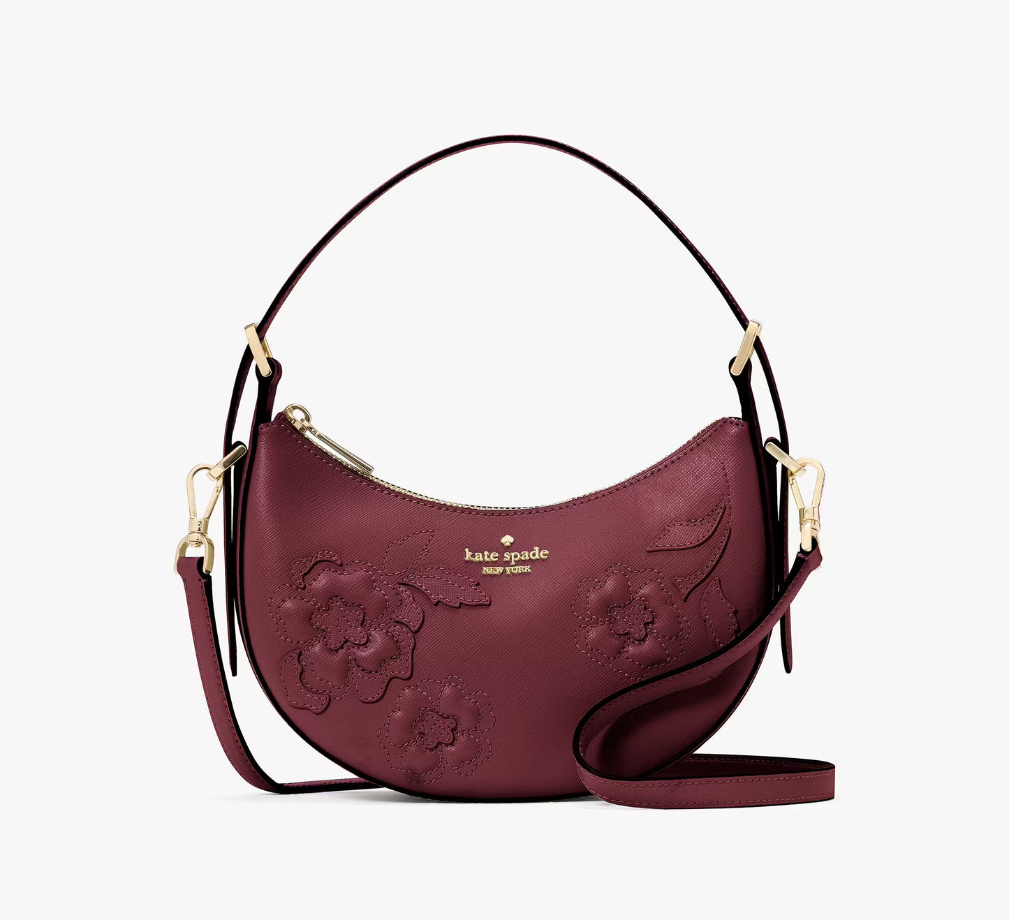 Kate Spade Nova Floral Applique Crescent Shoulder Bag Dark Merlot