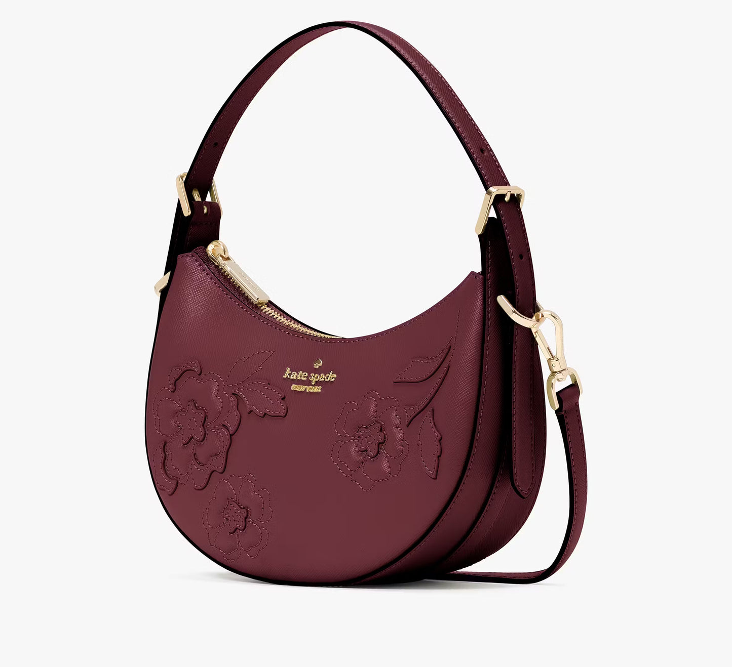 Kate Spade Nova Floral Applique Crescent Shoulder Bag Dark Merlot