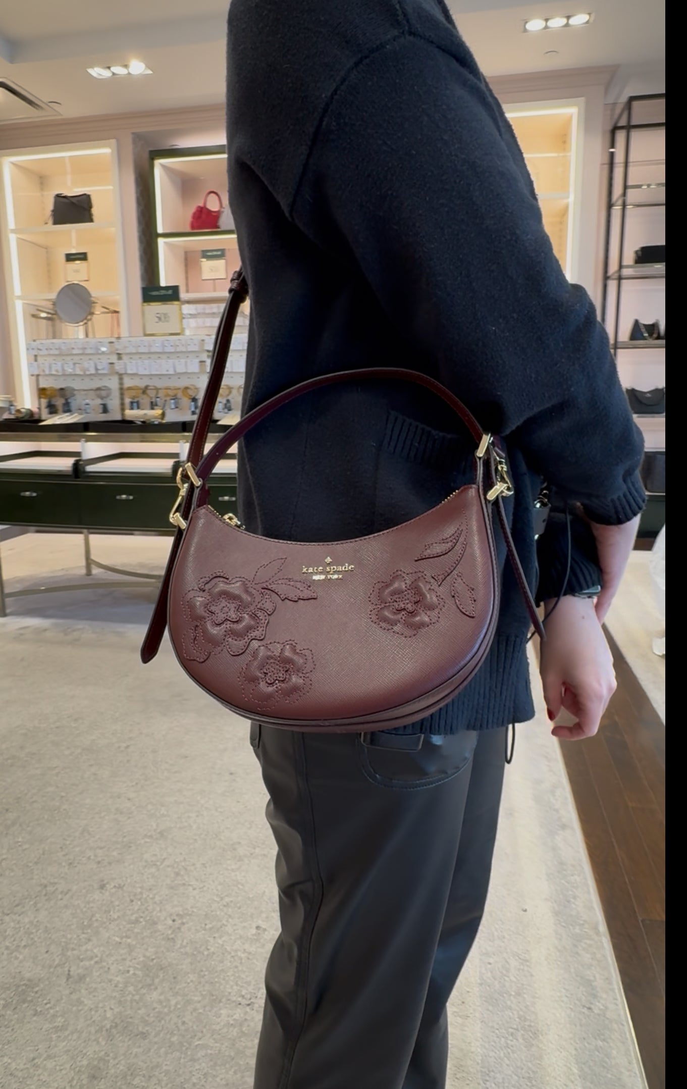 Kate Spade Nova Floral Applique Crescent Shoulder Bag Dark Merlot