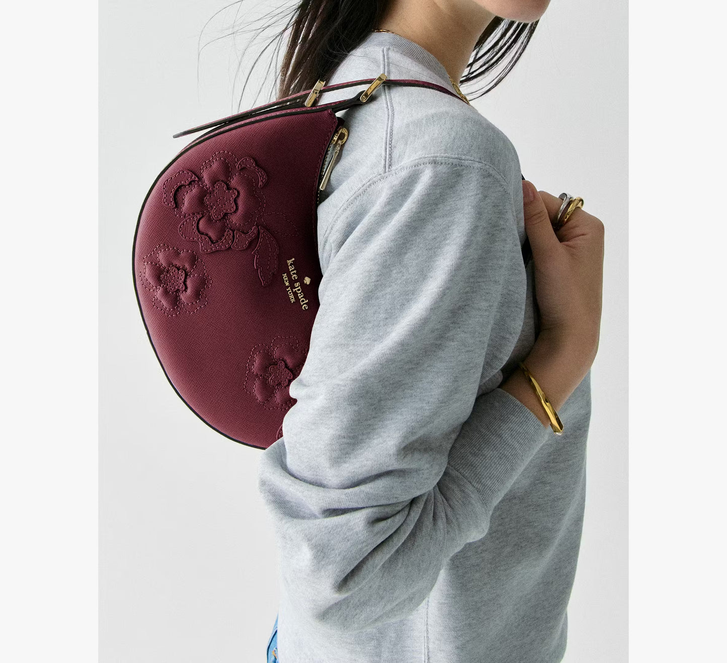 Kate Spade Nova Floral Applique Crescent Shoulder Bag Dark Merlot